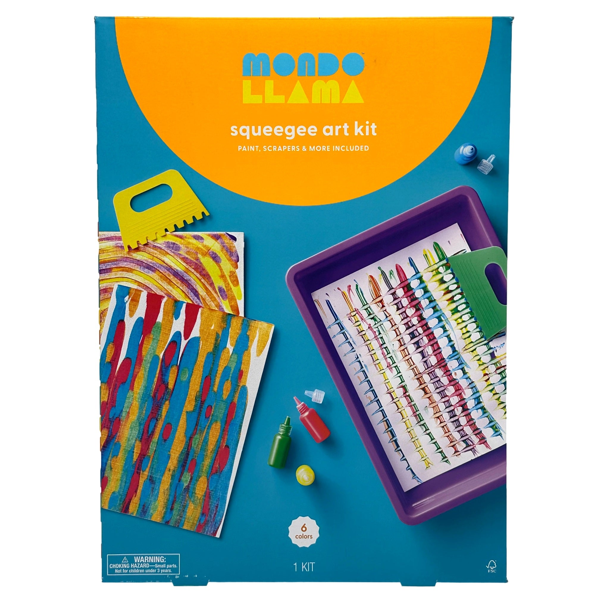 Squeegee art kit packaging with yellow, green, red, and blue paint.